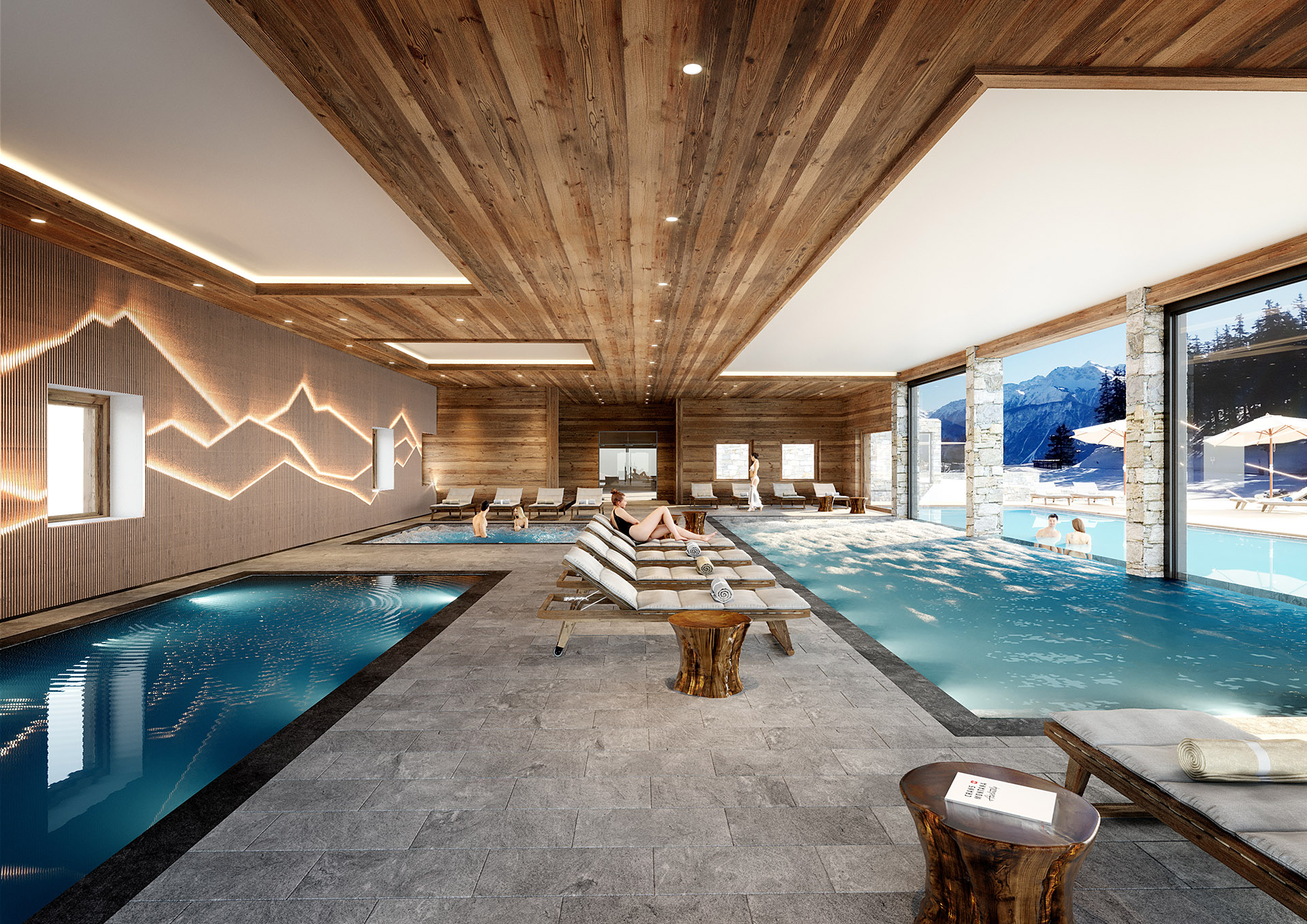 3D image of a spa and a pool inside a chalet, with characters
