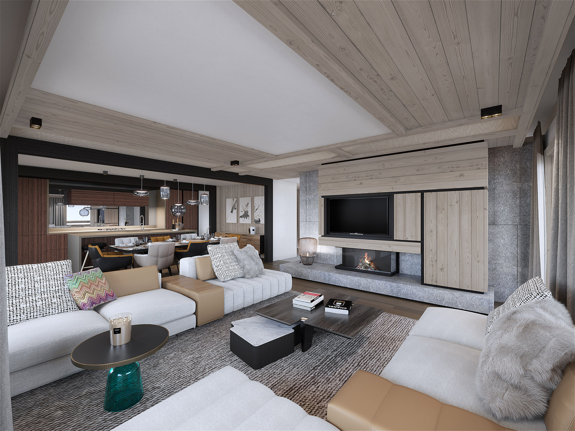 3D computer graphics of a modern chalet living room in Megeve
