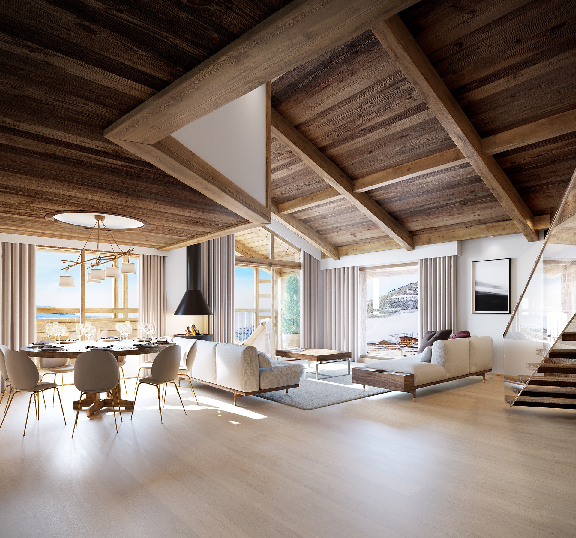3D perspective of a living room in a modern chalet