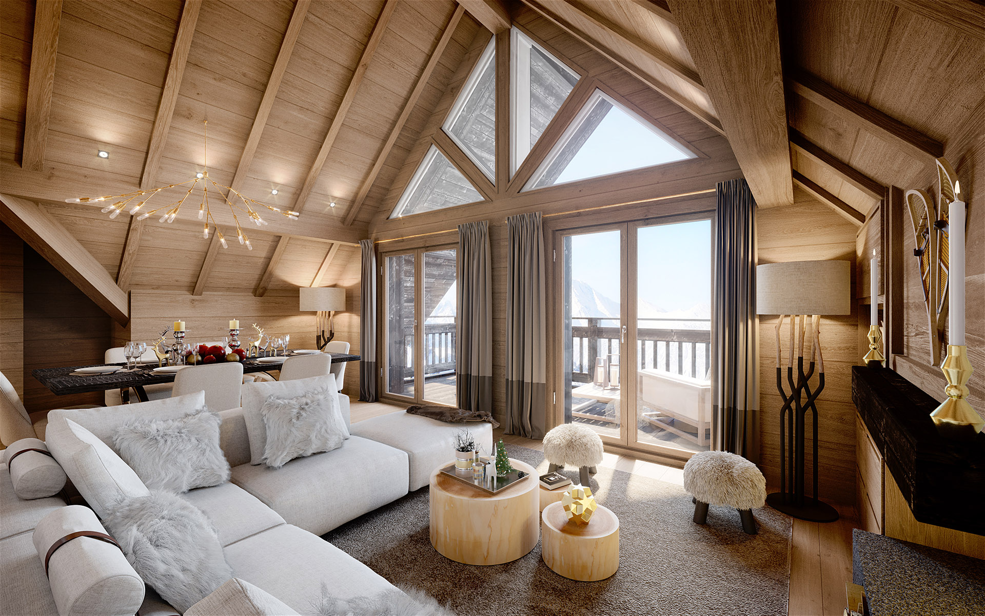 3D graphics of a living room in a rustic and luxurious cottage