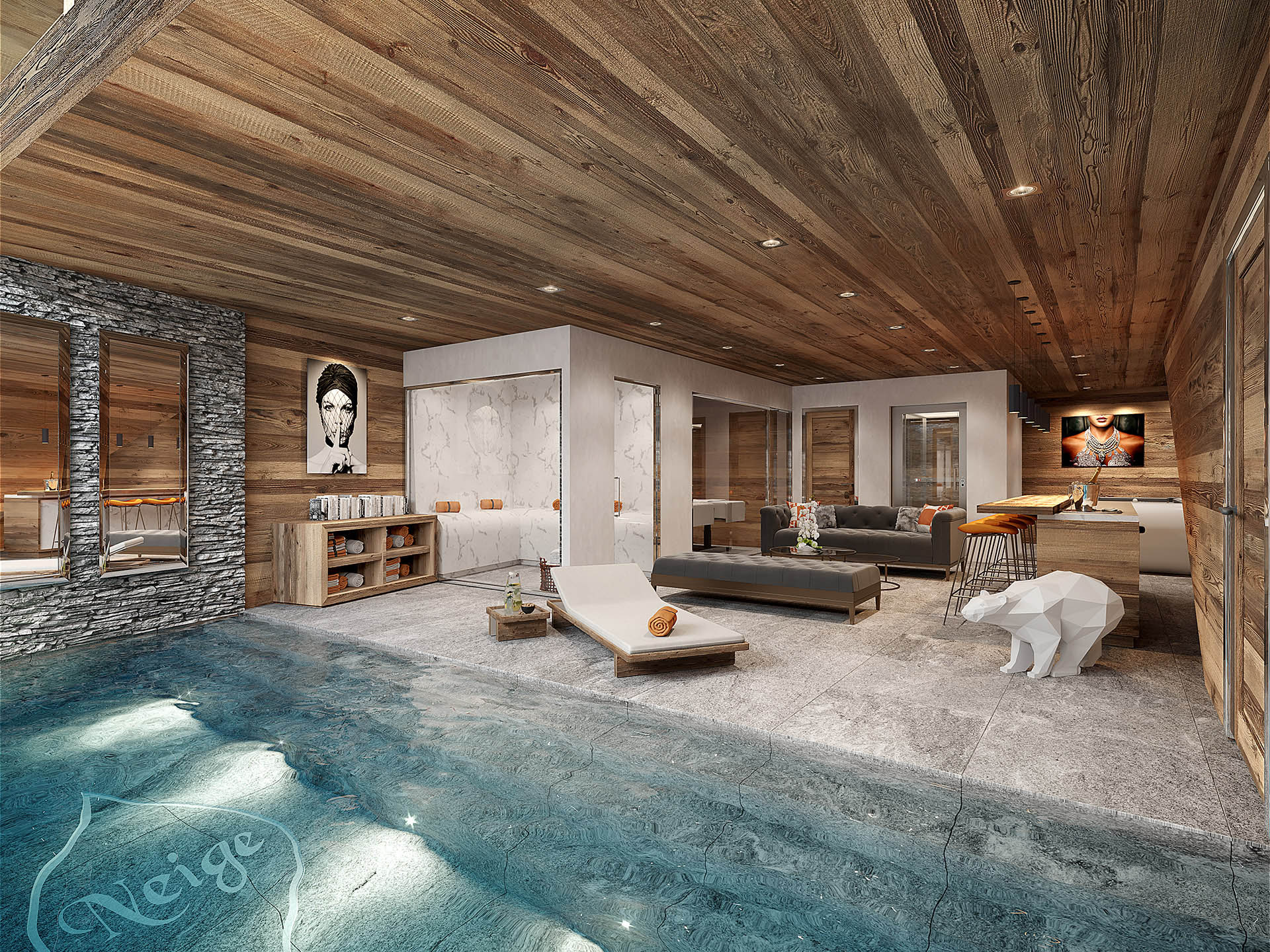 3D creation of a pool inside a mountain chalet