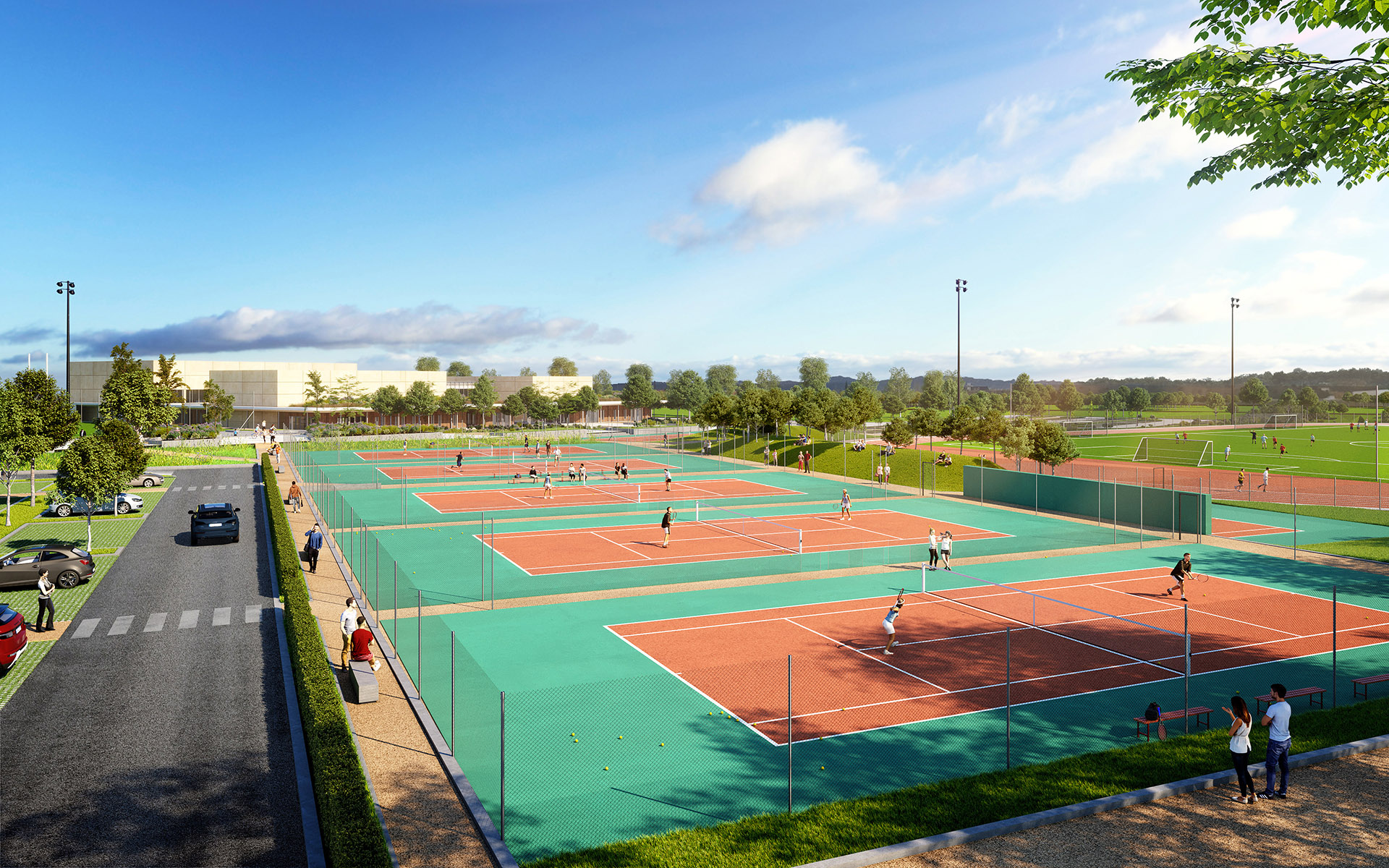 3D rendering of outdoor tennis courts, integrated in the environment