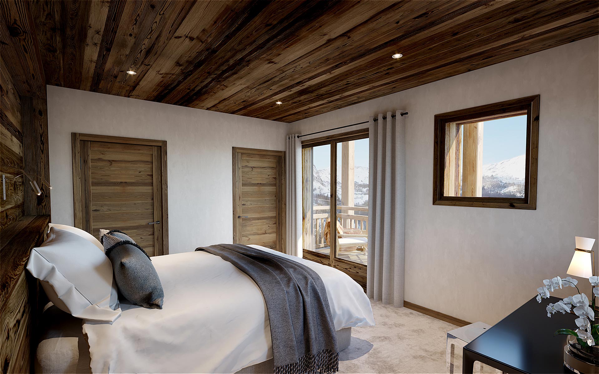 3D interior Visualization of a bedroom in a luxury chalet