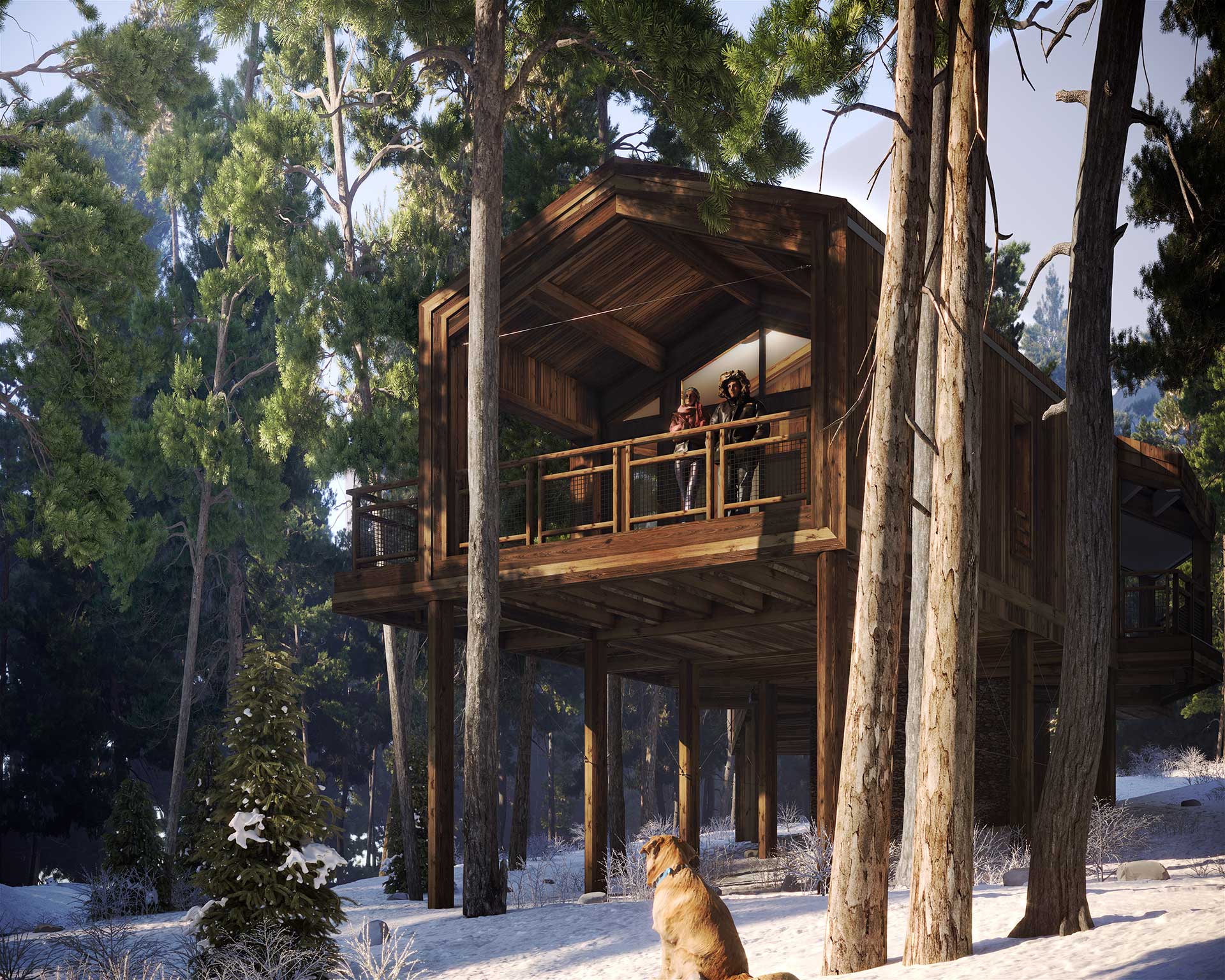 Architectural Visualization - high-end cabin project in a snowy forest