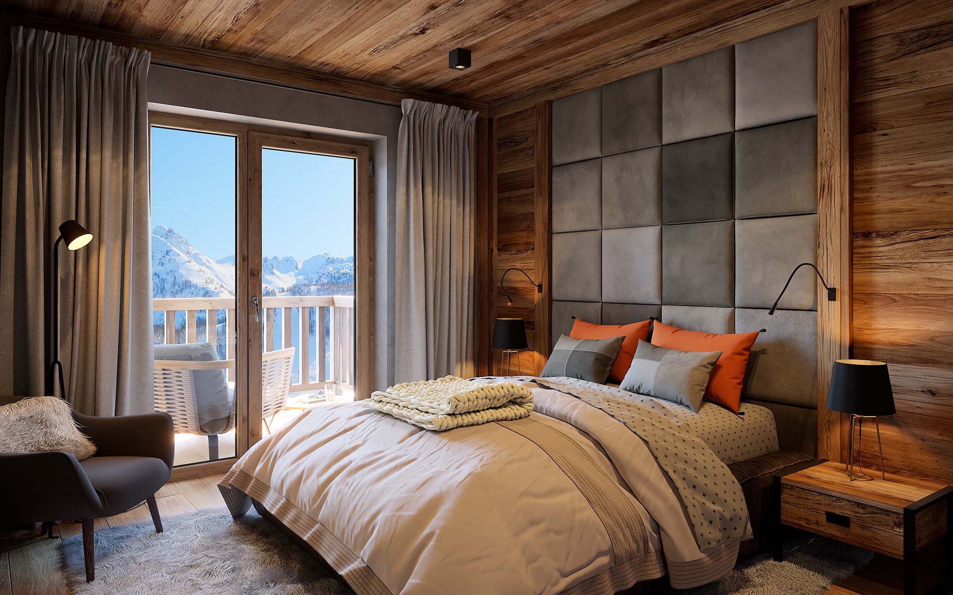 3D Perspective view of a room of a luxurious chalet created by a professional 3D architect.