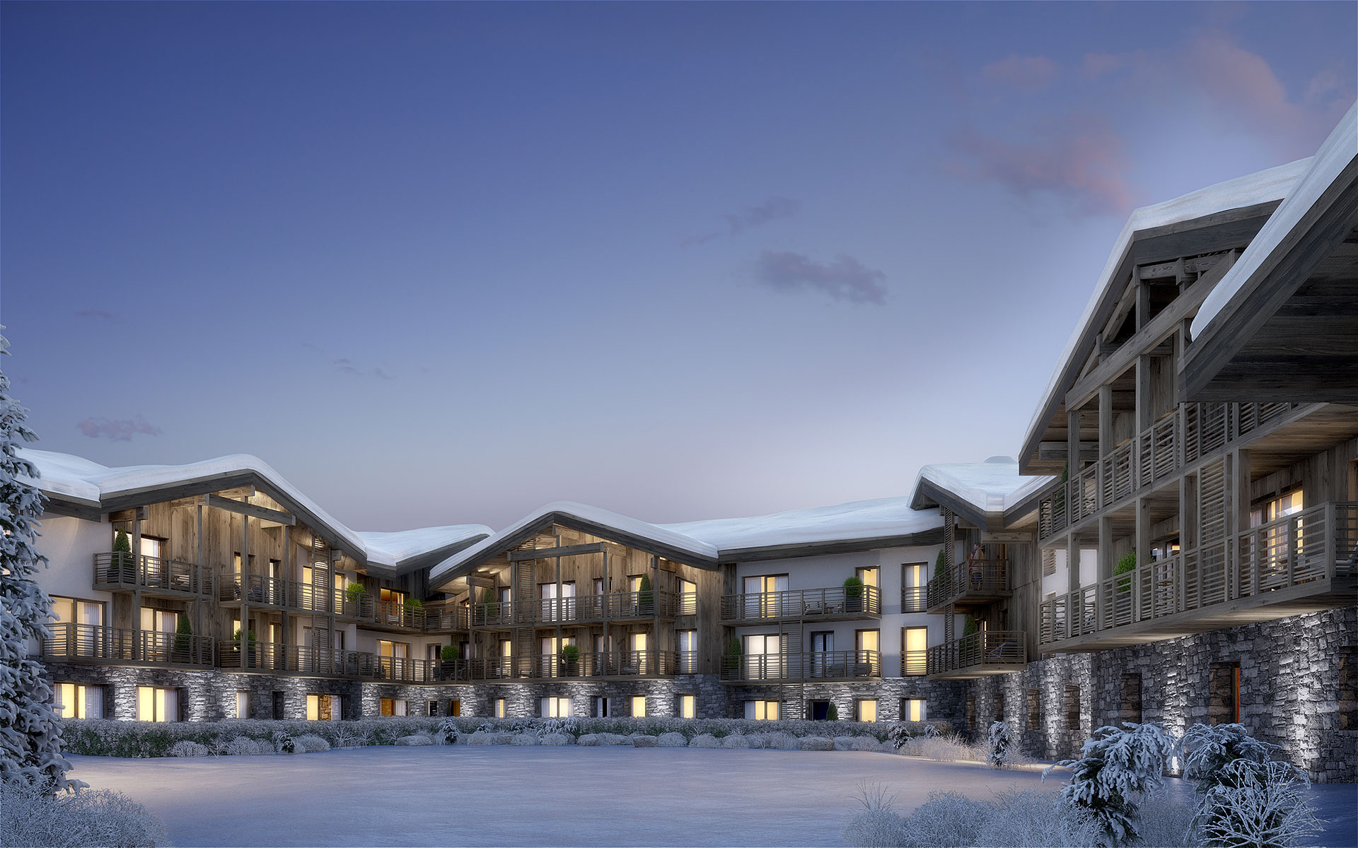 3D Exterior visualization of a resort chalet village in the Alps