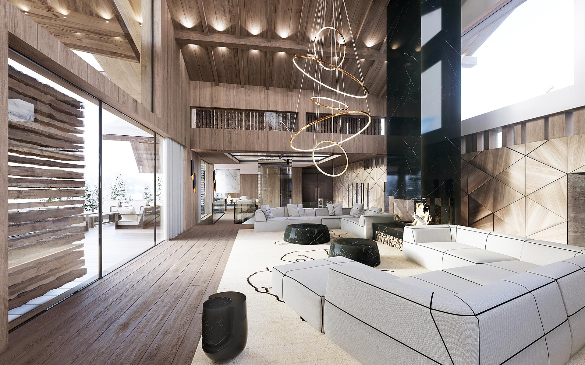 3D render of a luxurious chalet interior