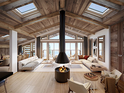 3D Archviz of a living room with view in a luxury chalet