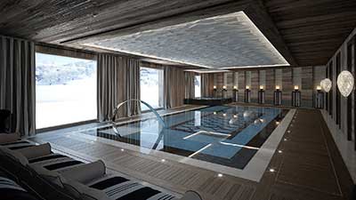 Photo d'une piscine en 3D (image de synthèse) pour promotion immobilière.