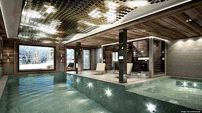 3D image of a luxurious swimming pool for the real estate promotion of the property.