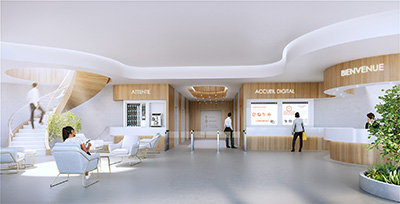 3D image of a lobby and a waiting room of a company