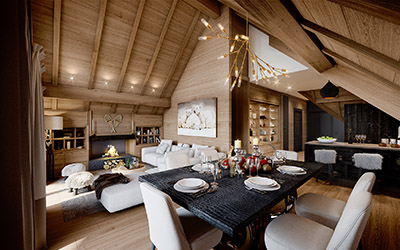 3D image of a dining room in a chalet 
