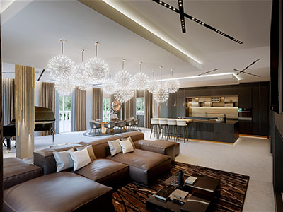 3D perspective of a modern and luxurious living room