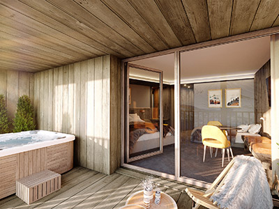 3D visualization of a chalet apartment with terrace and spa