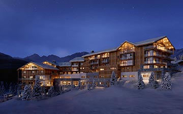 3D Architectural Visualization of chalets by night in a snowy mountain environment