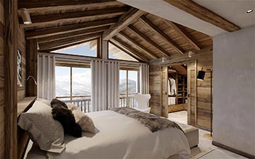 Réalisation d'une image 3D représentant une chambre dans un chalet de luxe à Chamonix