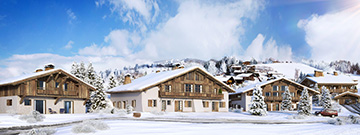 3D perspective overview of an insertion of a chalet group in a snowy landscape