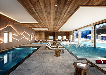 Visualisation intérieure 3D d'une piscine d'hôtel chalet à La Plagne