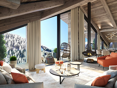 Rendu 3D d'un salon en chalet avec terrasse et vue sur la montagne 