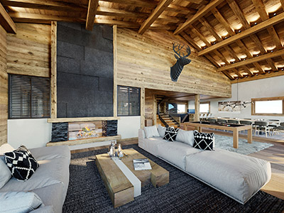 Image 3D d'un salon et d'une salle à manger dans un appartement de montagne dans les Alpes