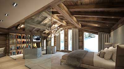 Photo en 3D d'une chambre de luxe d'un chalet à Combloux en Haute Savoie