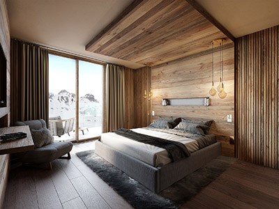 Image de synthèse 3D d'une chambre d'hôtel de montagne