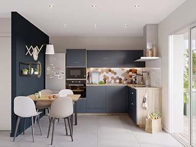 Image 3D d'une cuisine ouverte moderne noire et en bois