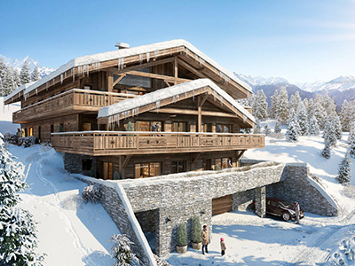 Visualisation 3D d'un chalet de luxe en hiver, dans la montagne enneigée