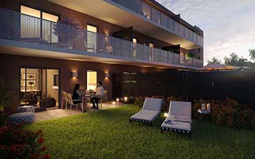 3D Perspective of a building and a night garden - real estate promotion.