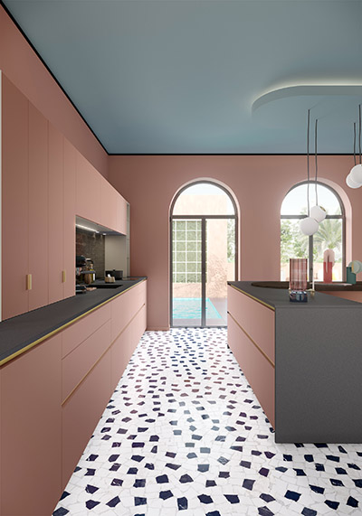 Représentation 3D d'un cuisine moderne rose et grise