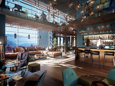 Visualisation 3D de l'intérieur d'un bar-restaurant au style industriel