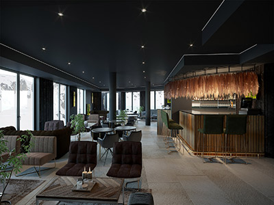 Visualisation 3D d'un bar restaurant haut de gamme