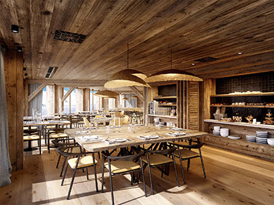 Image de synthèse 3D d'un restaurant rustique en bois dans un chalet de montagne