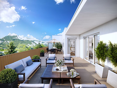 Vue 3D d'une terrasse moderne en montagne